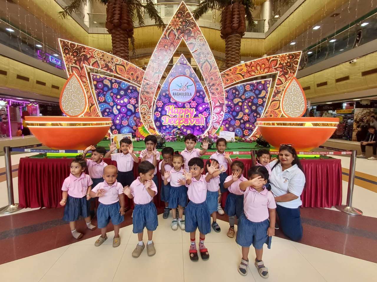 Preschoolers visiting a Diwali display at a mall